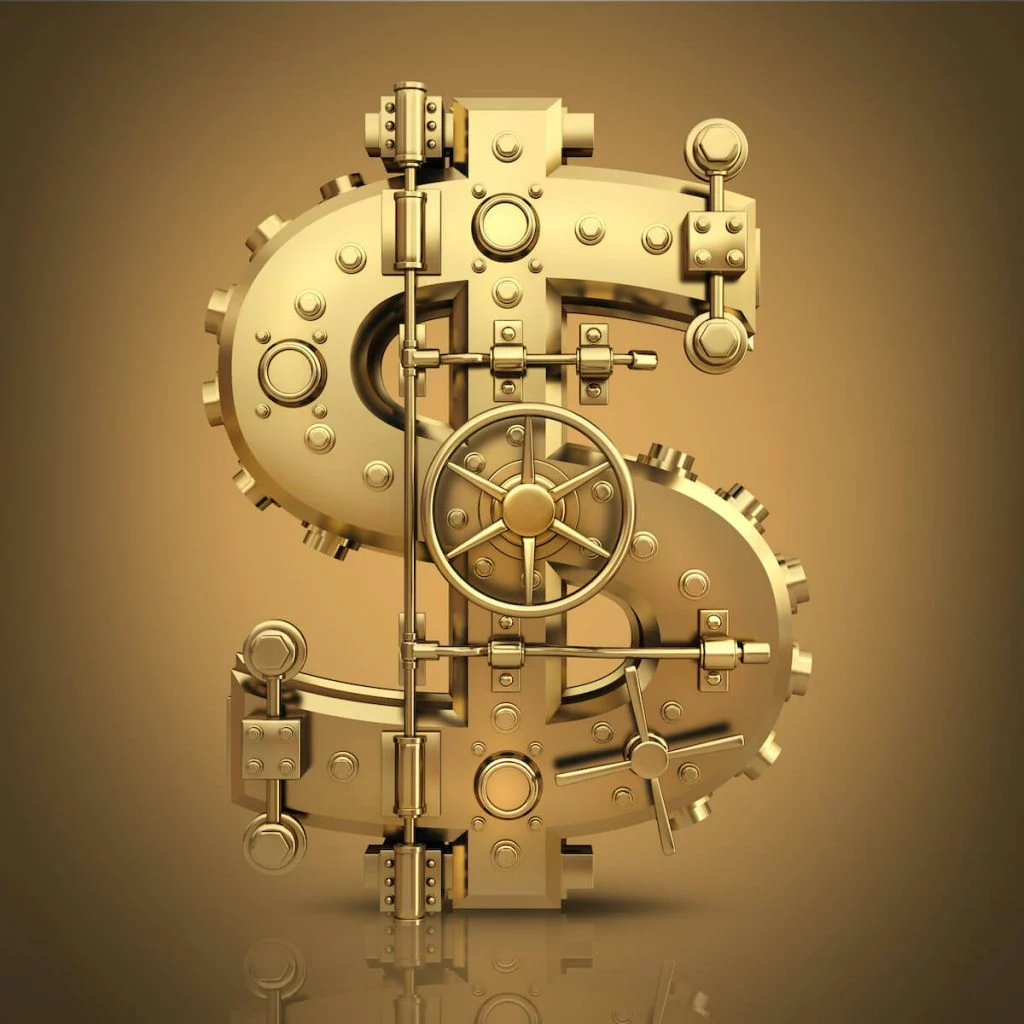 Gold dollar sign symbol that is made of vault door components