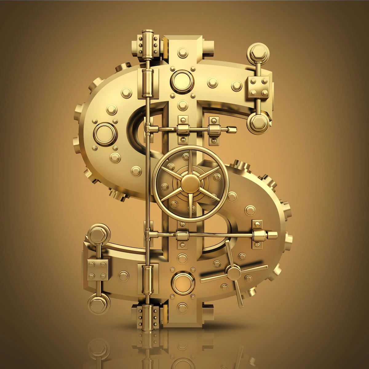 Gold dollar sign symbol that is made of vault door components