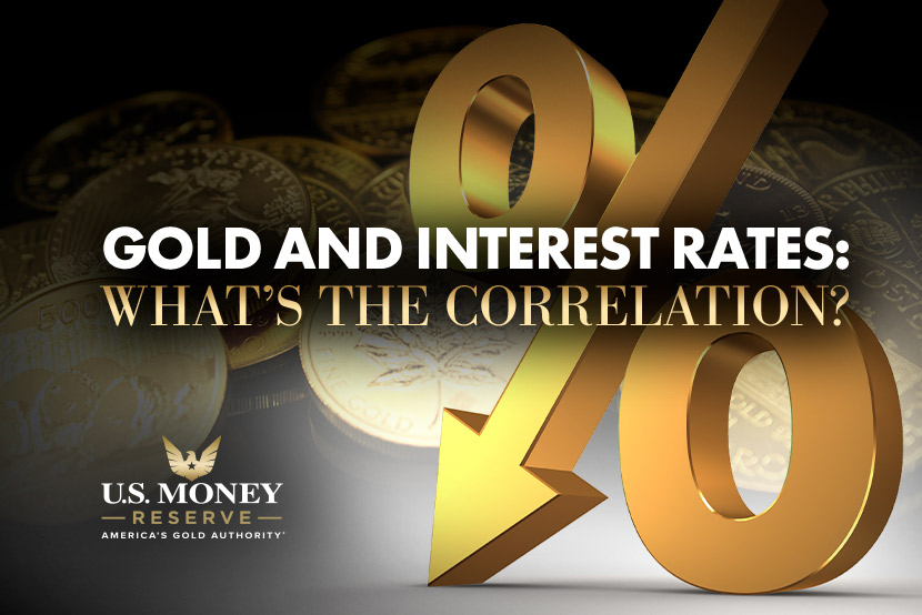 Percent symbol with an arrow for a slash with text "gold and interest rates: what's the correlation?"