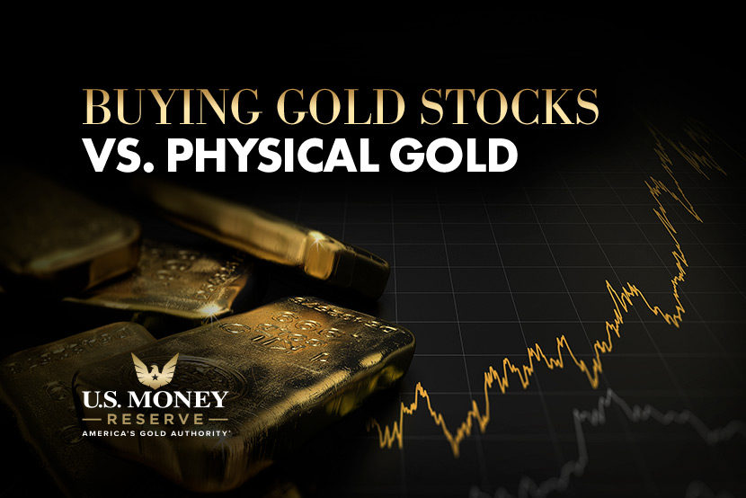 Gold bars and price chart with text "Buying gold stocks vs. physical gold" | Gold Stocks vs. Physical Gold: Understand the key differences in investment strategy, risk, and security. Explore insights from U.S. Money Reserve to make an informed choice.