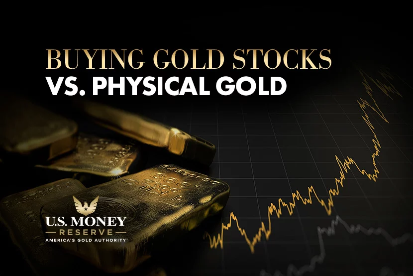 Gold bars and price chart with text "Buying gold stocks vs. physical gold" | Gold Stocks vs. Physical Gold: Understand the key differences in investment strategy, risk, and security. Explore insights from U.S. Money Reserve to make an informed choice.