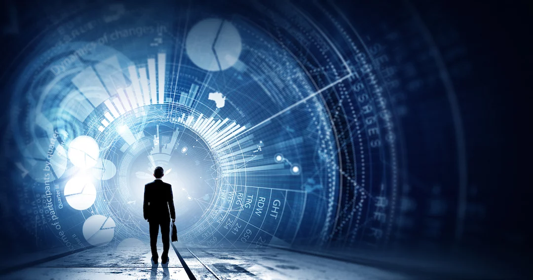 Man looking into the vortex of stocks and the economy