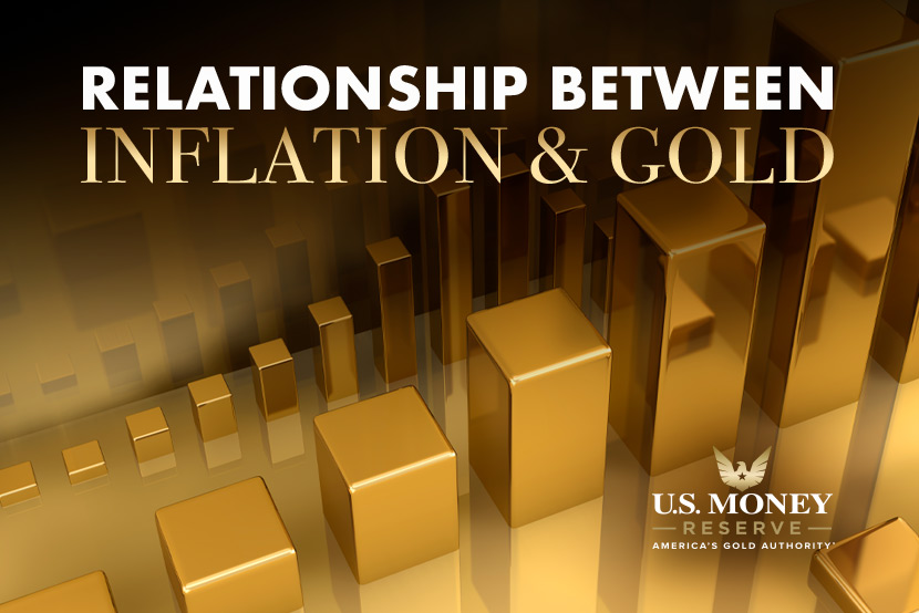 Bar chart made of gold with text "Relationship Between Inflation & Gold"