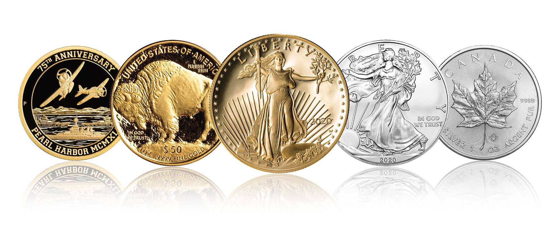 gold and silver coins in a row