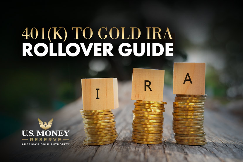 Blocks with letters IRA on top of gold coins with text "401(k) to Gold IRA Rollover Guide"