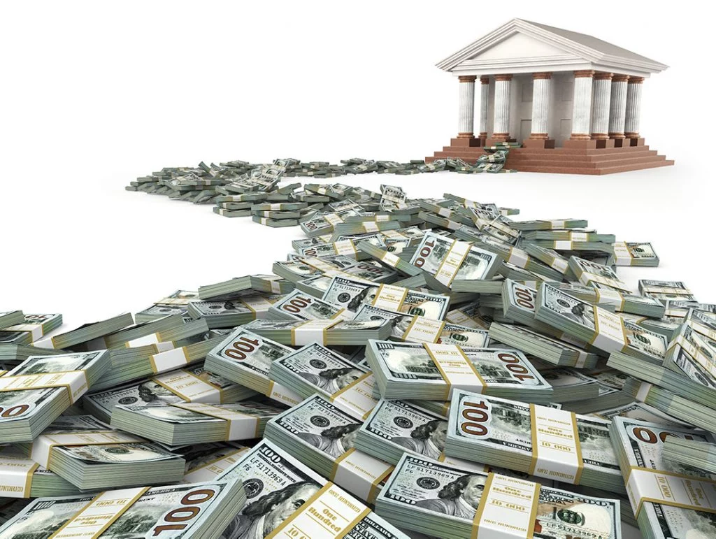 Debt Pile Leading Towards Government Building