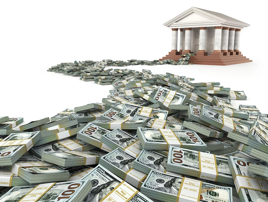 Debt Pile Leading Towards Government Building