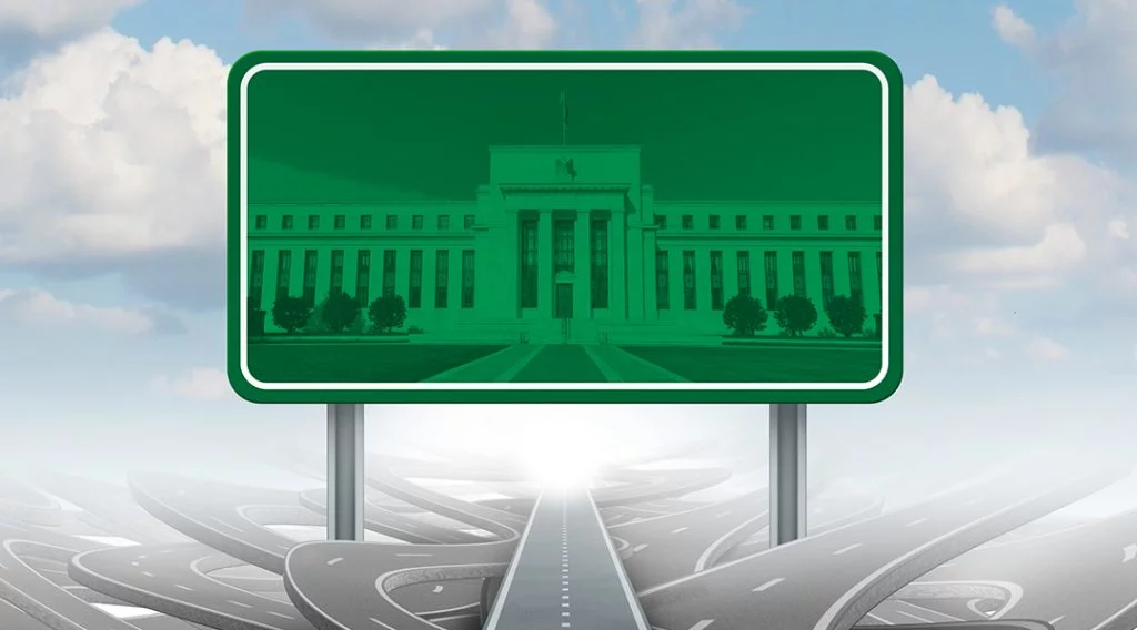 Graphic showing a maze of roads and a sign indicating the Fed
