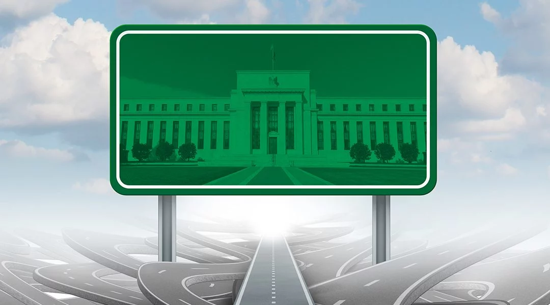 Graphic showing a maze of roads and a sign indicating the Fed