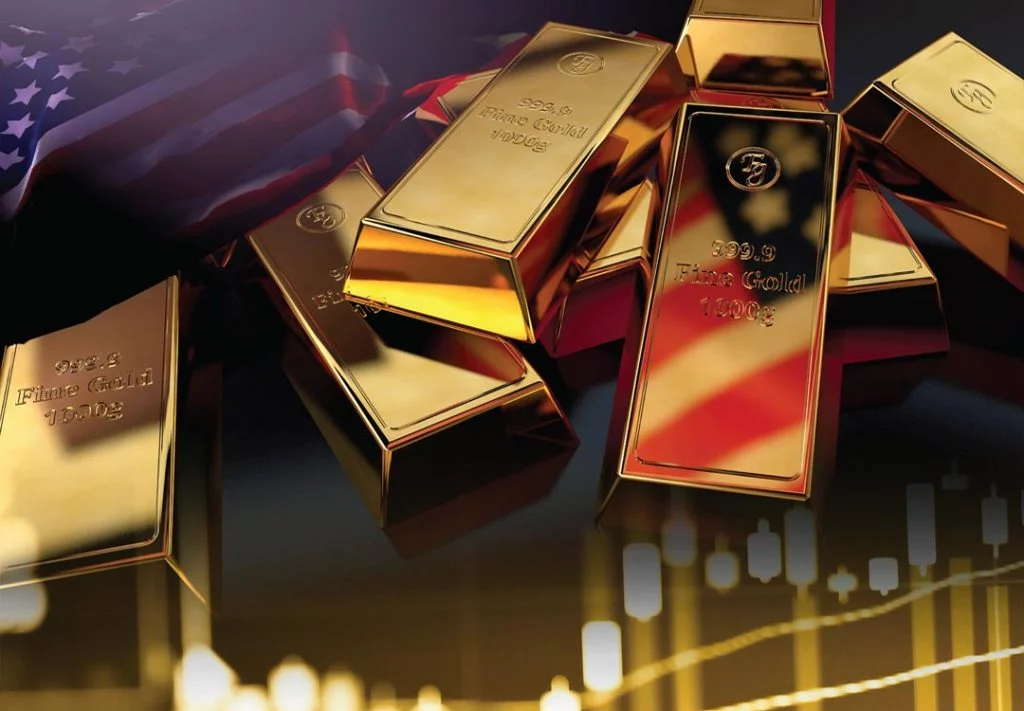 Gold bars, US flag in the background, and graph indicating gold upward momentum