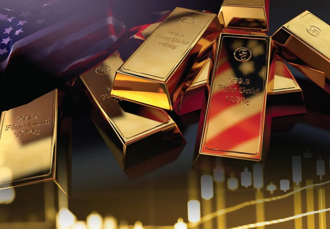 flag-gold-chart Gold bars, US flag in the background, and graph indicating gold upward momentum