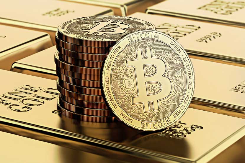 Stack of bitcoins on top of gold bars