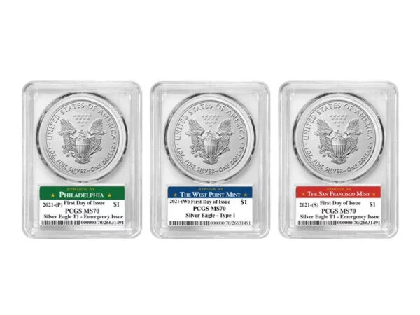 Philadelphia, West Point and San Francisco Mint silver PCS MS70 First Day Of Issue Reagan legacy set