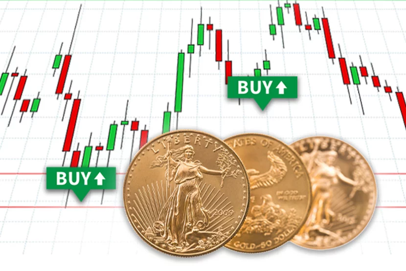 GNV-Blog_830x554 Gold American Eagle coins on top of graph that shows the words "Buy" with an arrow pointing upward