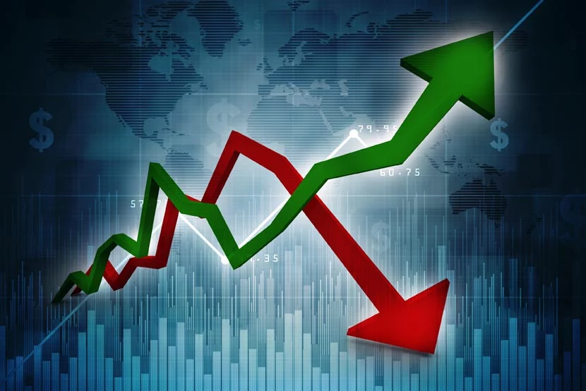Green and red arrows over a background of the world and chart illustrating dollar volatility