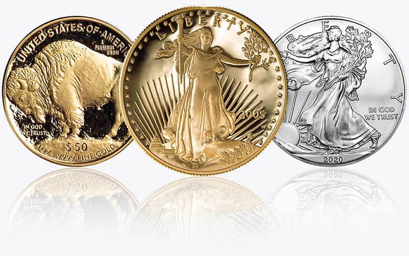 Three precious metals coins. Two gold coins and one silver coin by U.S. Money Reserve