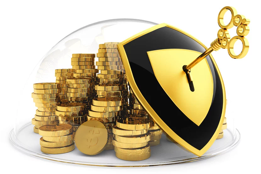 Gold coins under a locked shield
