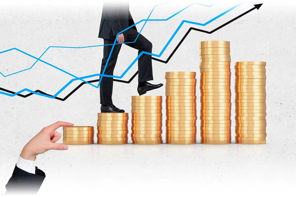 Man in suit is climbing stacks of coins with graph showing an upward direction