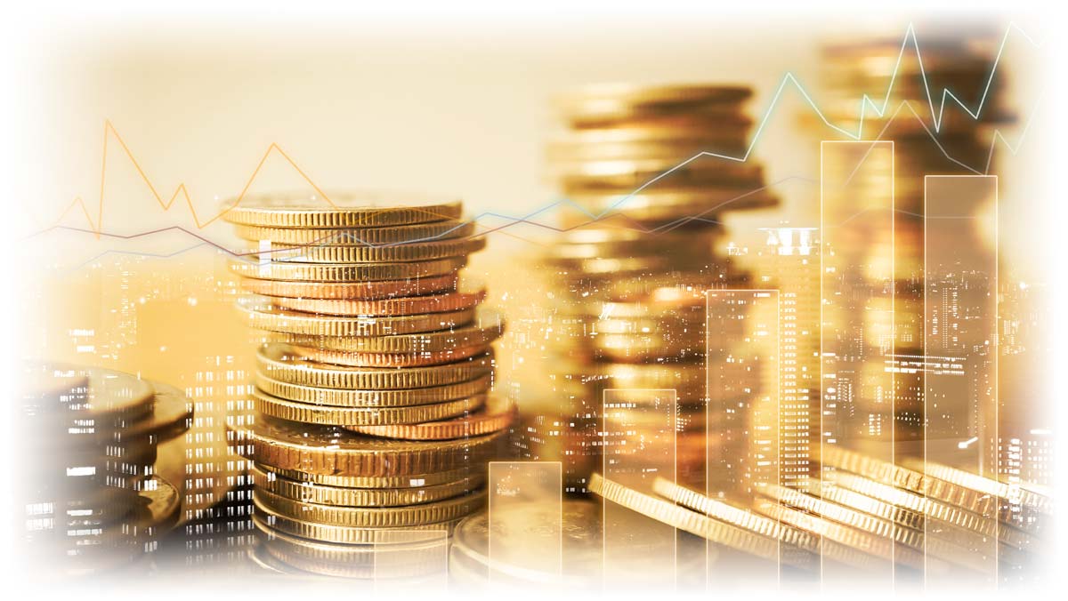 56581631652791023 Stacks of gold coins superimposed over image of stock graphs