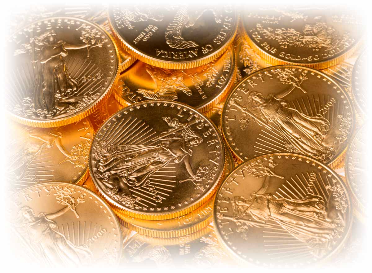 82921631031694938 Close-up of pile of Gold American Eagles