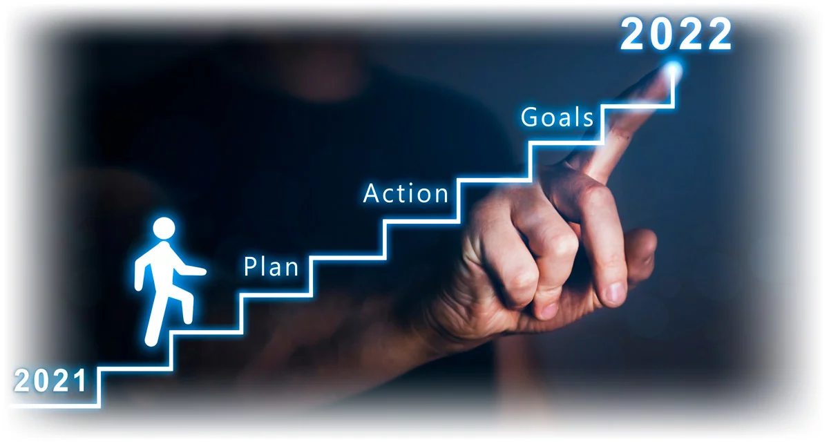 Hand drawing steps from 2021 to 2022 with words “Plan,” “Action,” and “Goals”