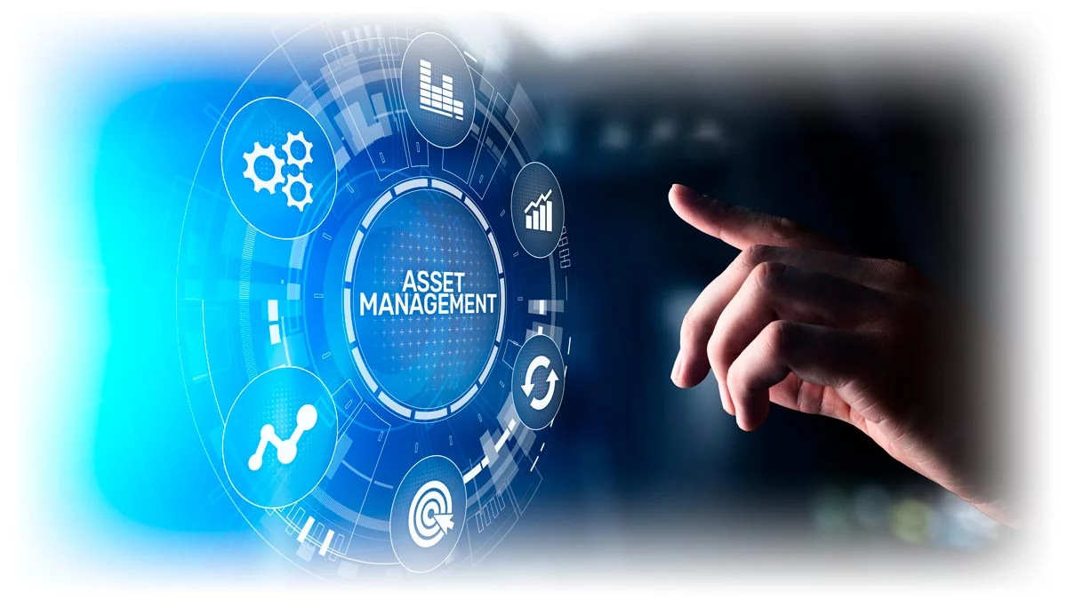 hand pointing at digital image of various icons labeled “ASSET MANAGEMENT”