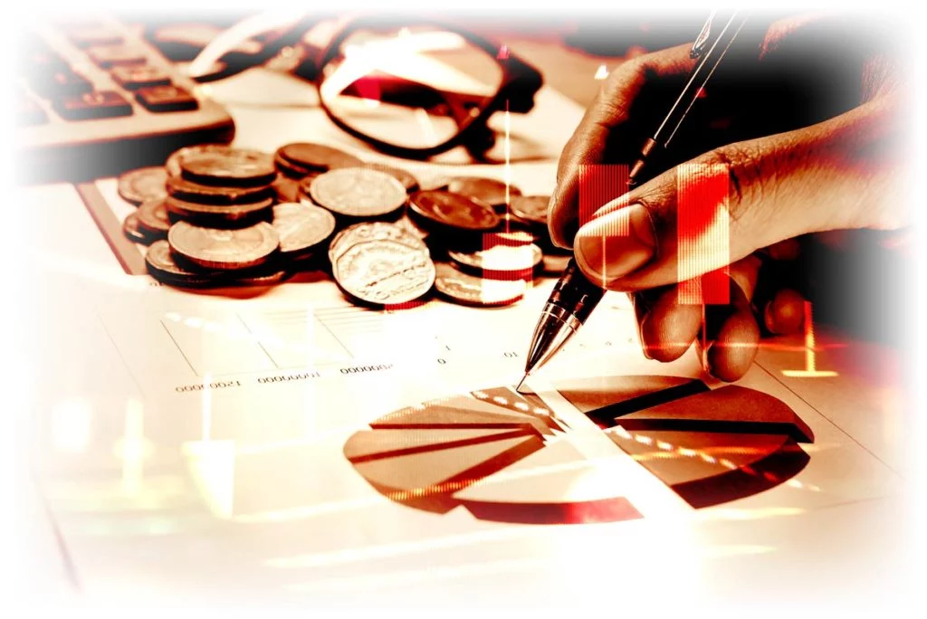 Hand pointing at portfolio breakdown alongside coins, glasses, and calculator