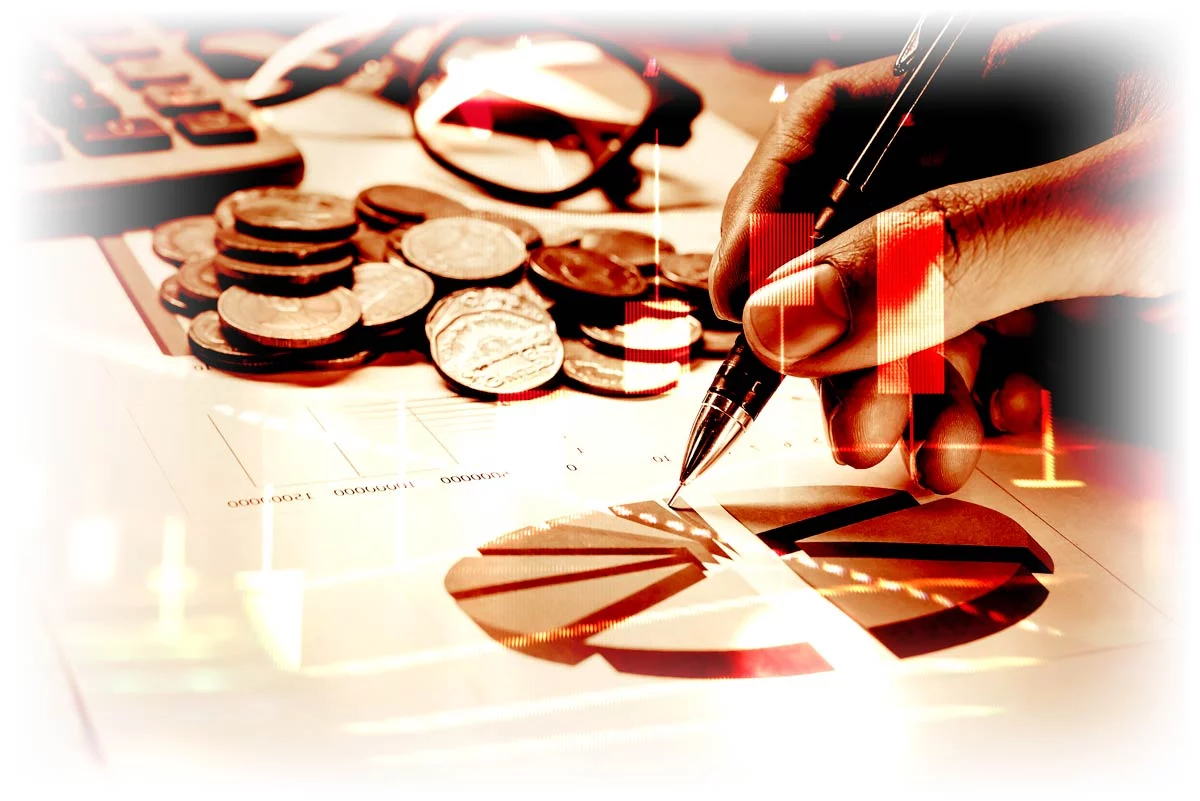 Hand pointing at portfolio breakdown alongside coins, glasses, and calculator