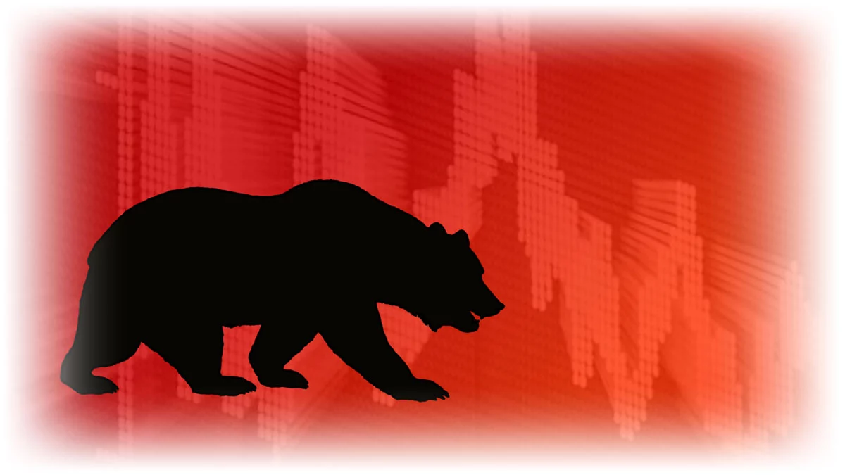 blacksilhouetteofabear_1200px_Uwp Silhouette of a bear over downward trending stock information