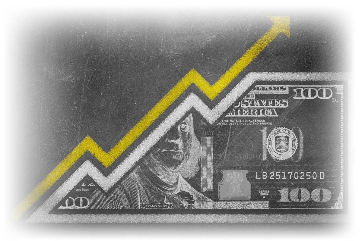 Chalk drawing of $100 note with upward arrow clashing through