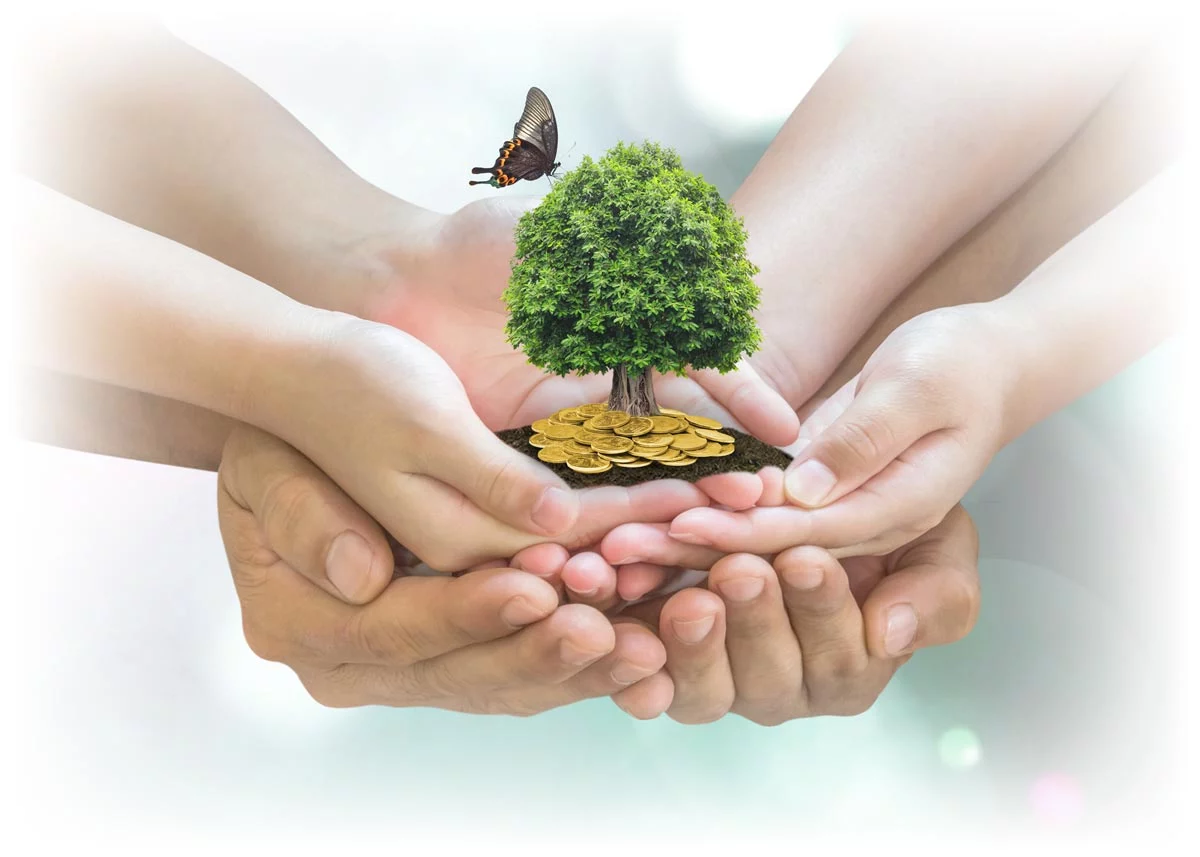 Adult hands helping childrens’ hands hold tree planted with gold coin