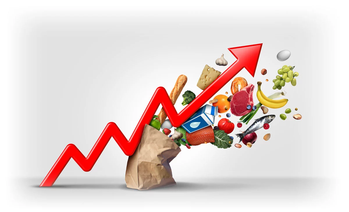 Upward red arrow knocking over paper bag full of groceries