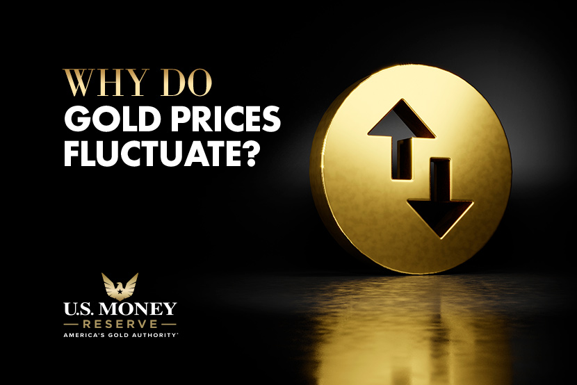 A gold coin with up and down arrows and the text "Why Do Gold Prices Fluctuate?"