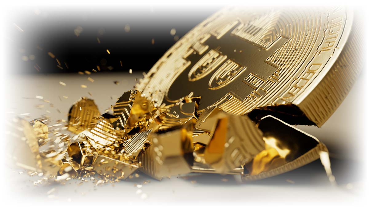 Coin representing Bitcoin shattering