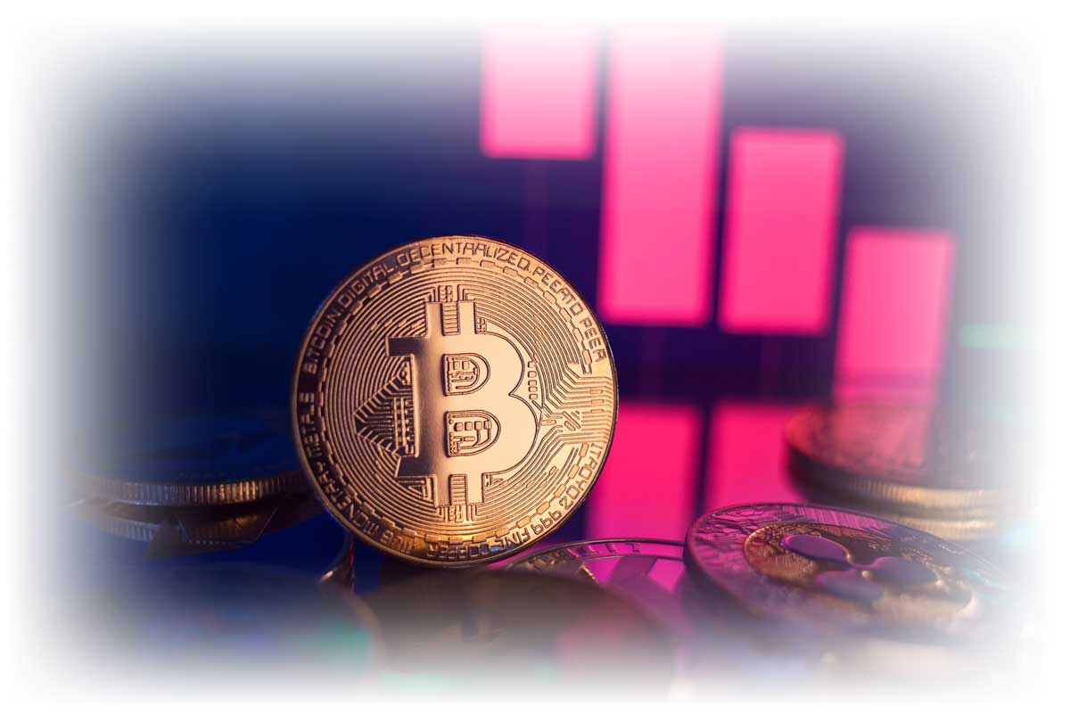 Coins representing Bitcoin with negative data chart in background