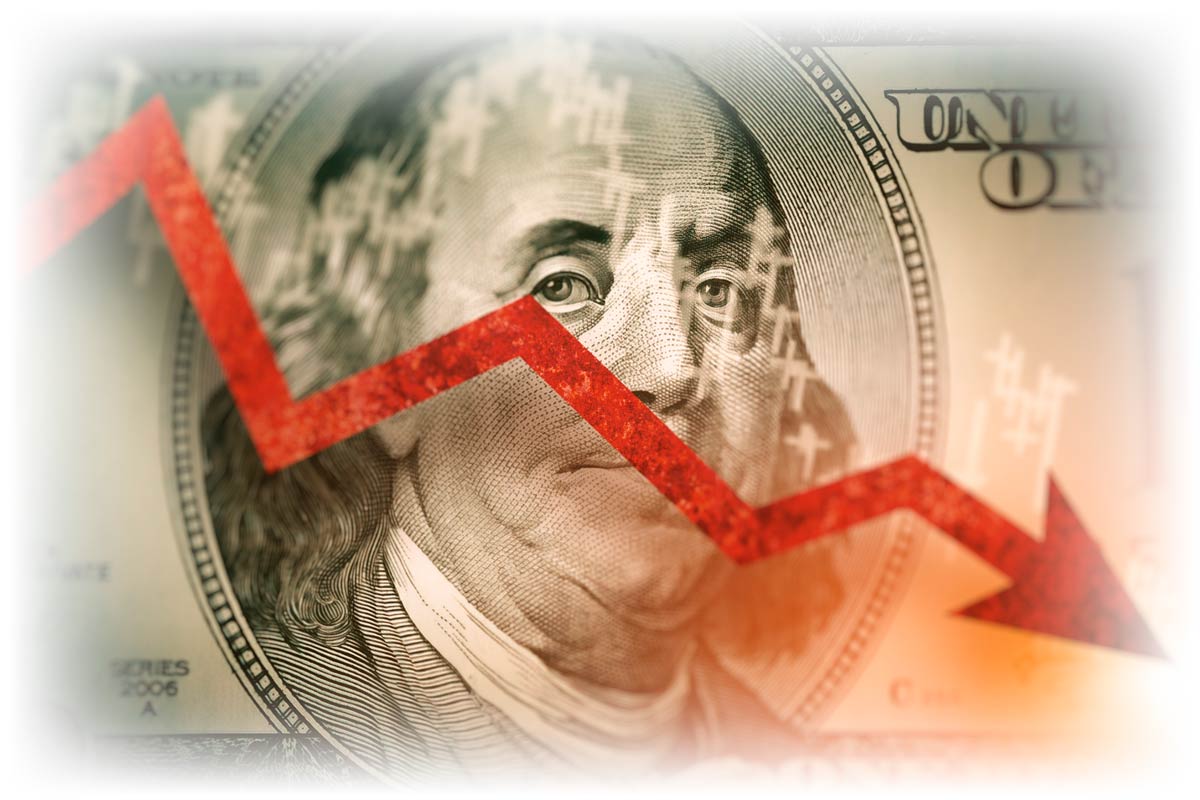 Downward-trending red arrow over image of $100 note