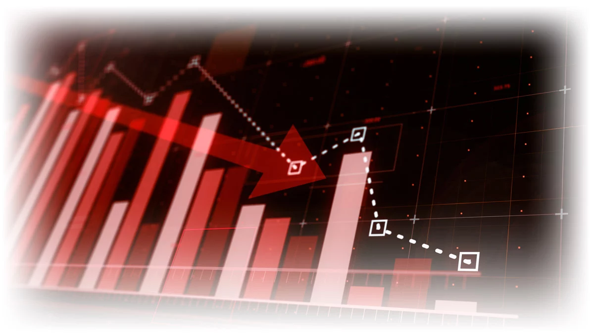 Red bar chart with downward-trending red arrow