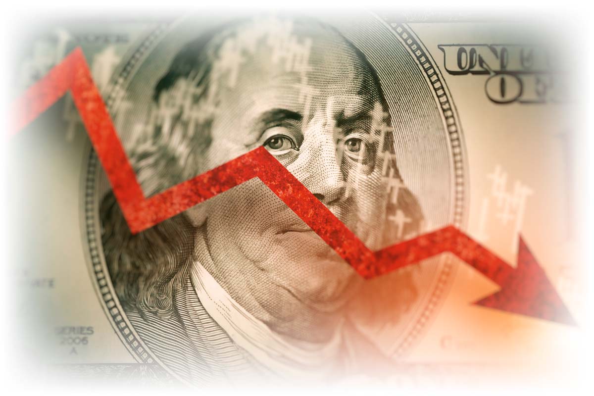 $100 note with downward-tending red arrow