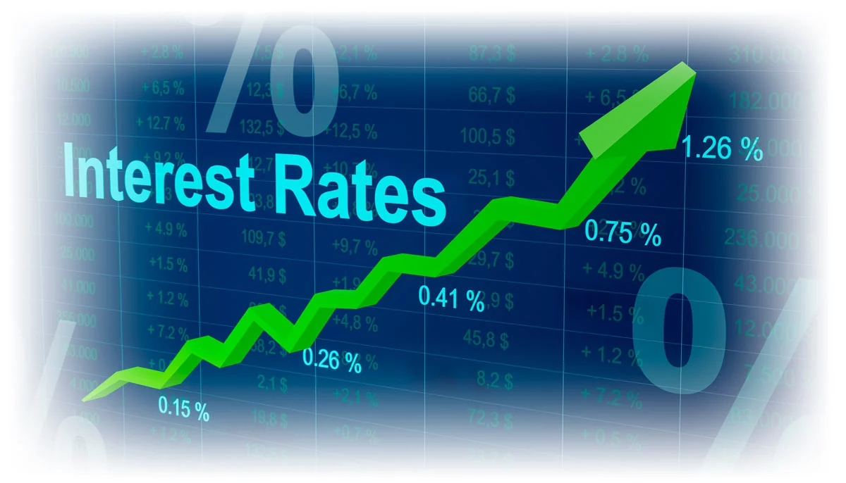 Words "Interest Rates" and upward-trending green arrow over chart of interest rates