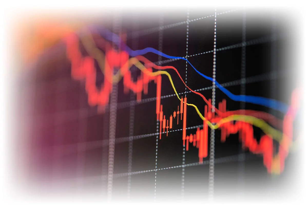 Close-up of downward-trending stock data chart