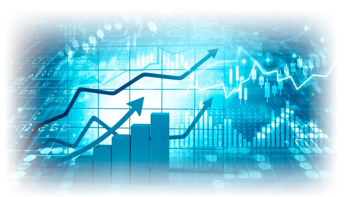 Upward-trending arrows and data charts