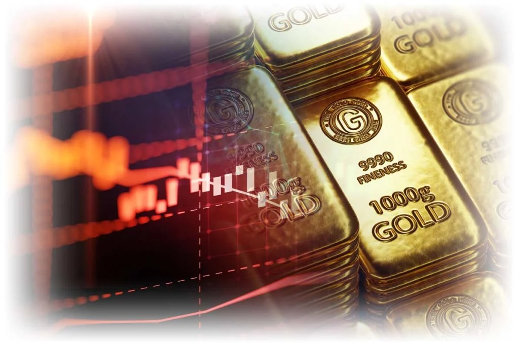 Red downward-trending chart over gold bars