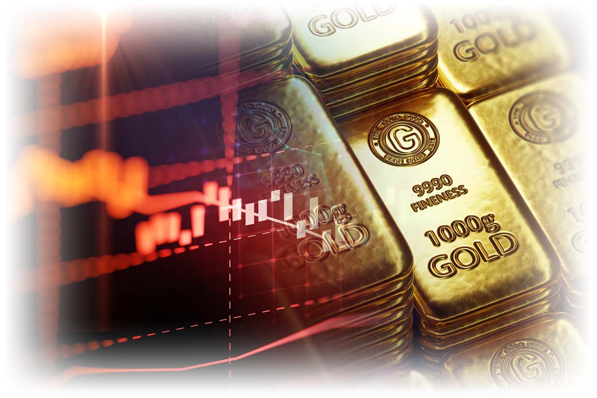 Red downward-trending chart over gold bars