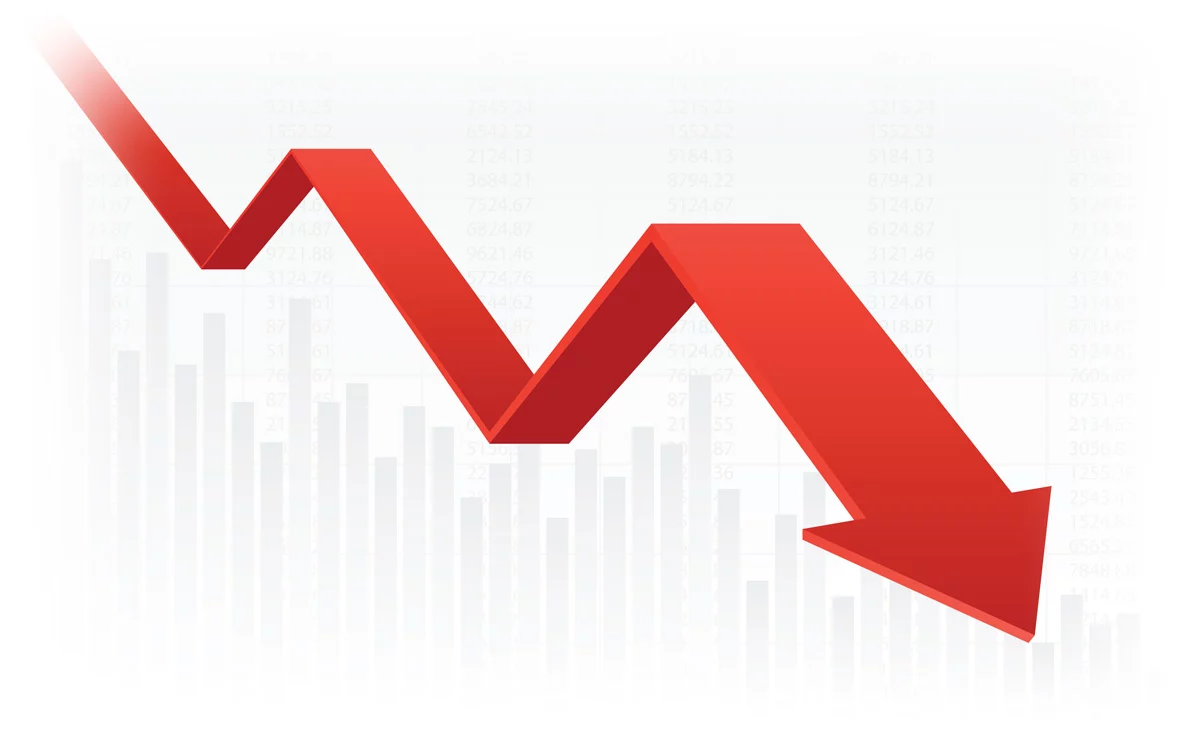 Financial chart with red color 3D downtrend line graph