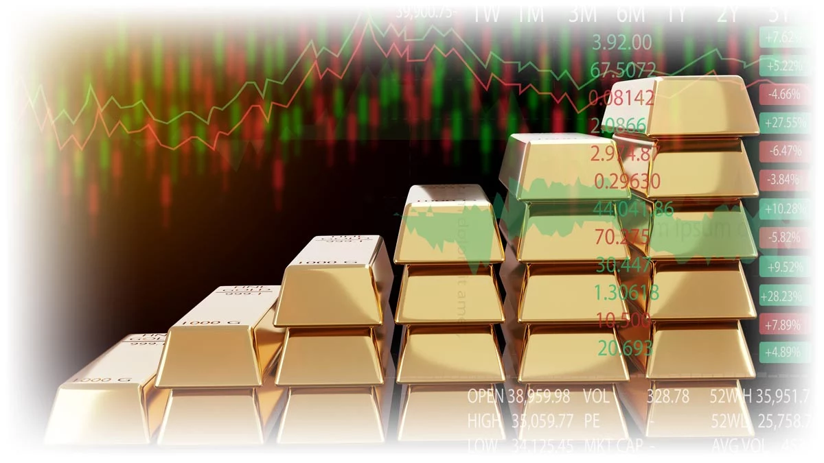 Positive data charts over increasingly large stacks of gold bars