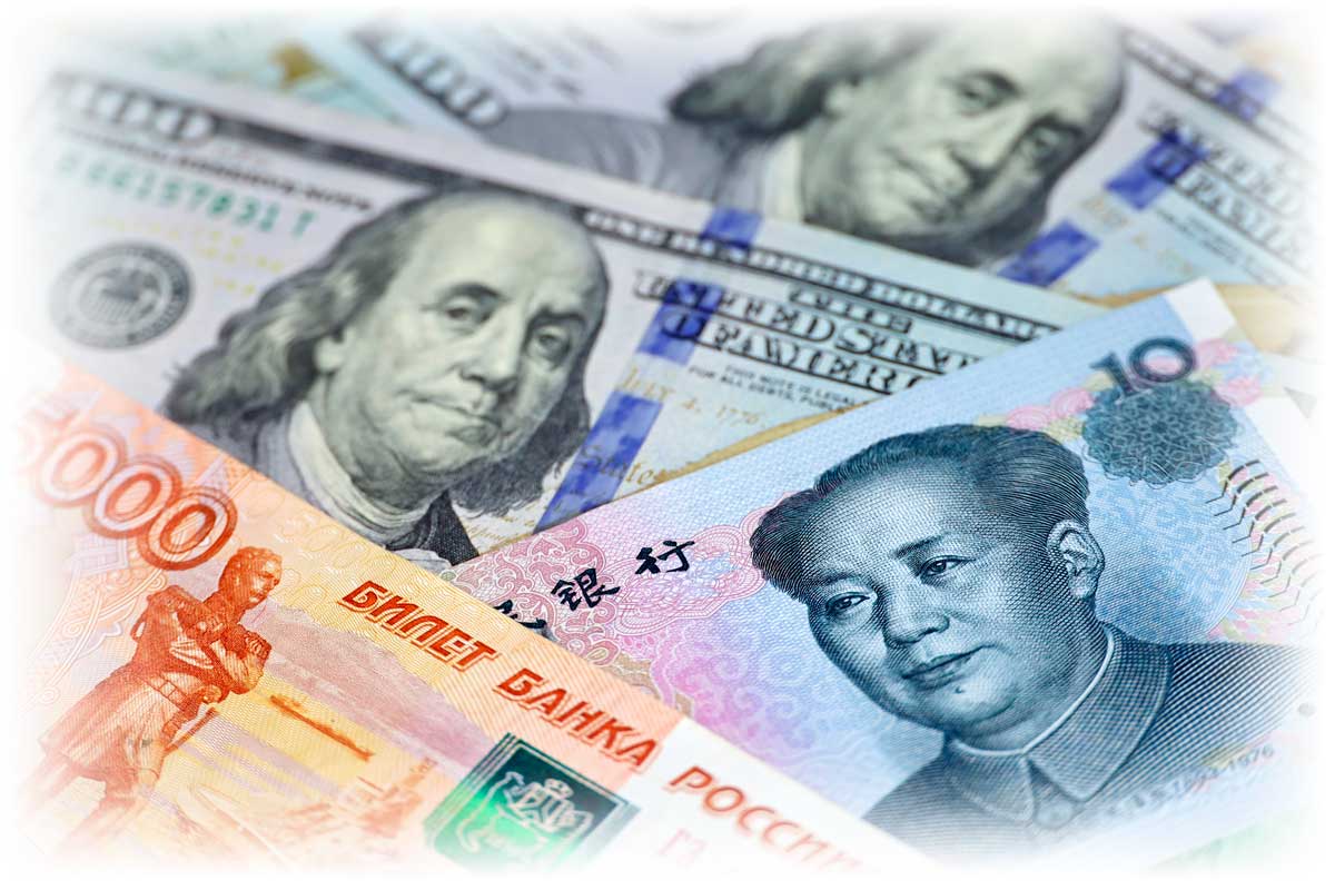 Chinese, Russian, and American currency