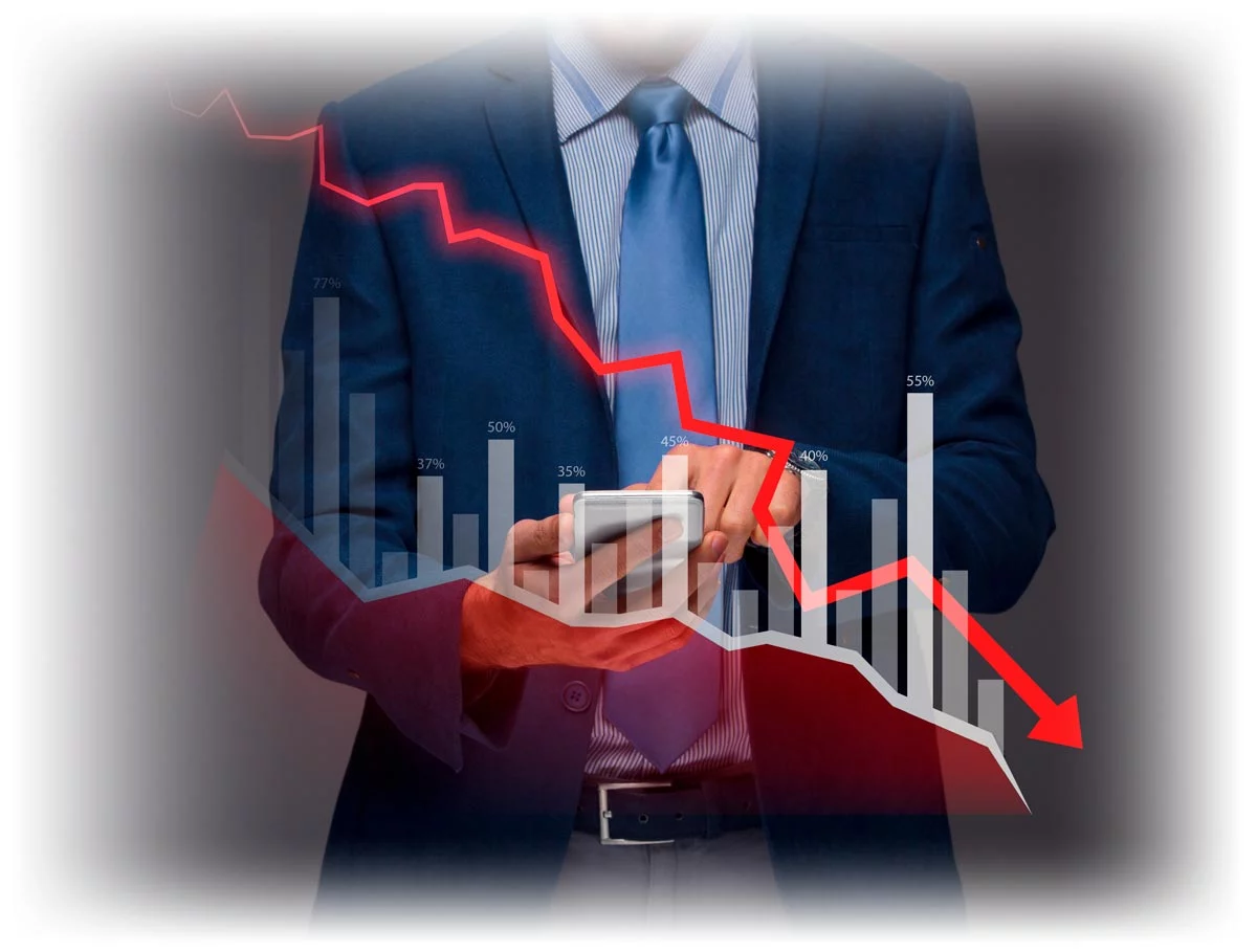 Downward-trending bar chart and red arrow over man looking at smartphone