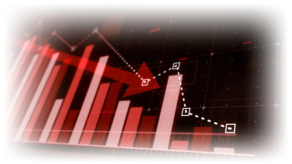 Downward-trending bar chart with red arrow