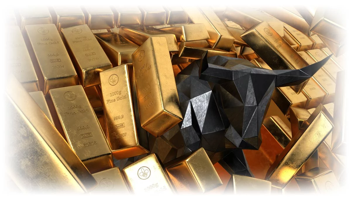 Bull crashing through stack of gold bars