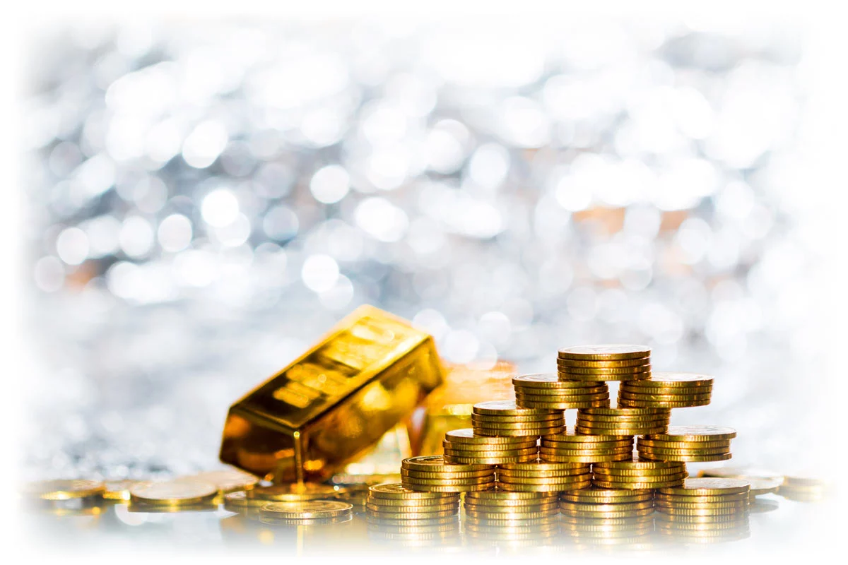 Pile of gold coins and bars